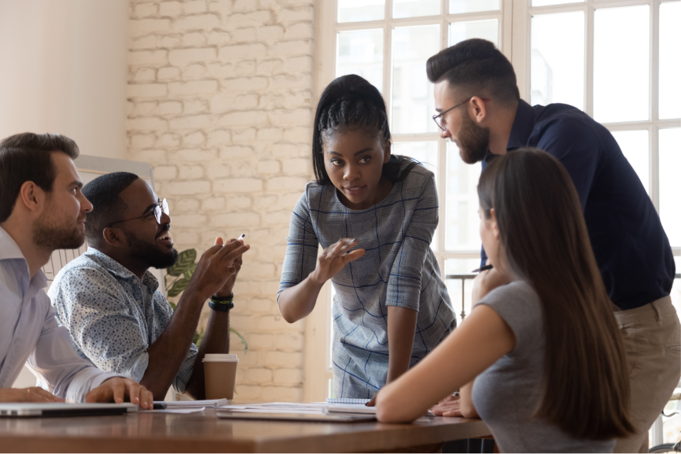 A team leader explains work issues to interns